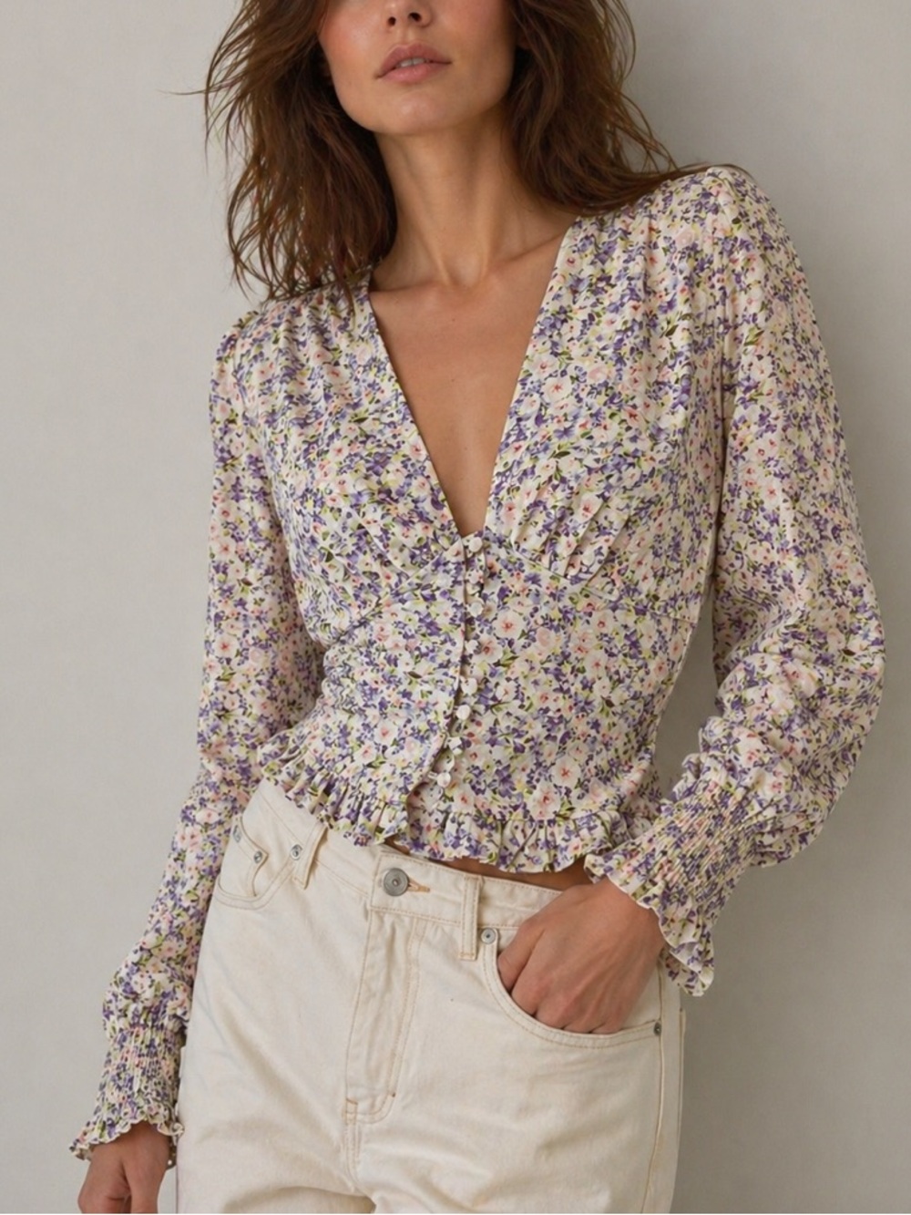 Heartloom Floral Corset-Style Blouse Smocked Waist Button Front Size S